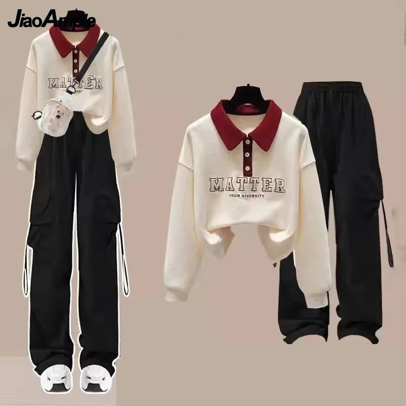 2023 Autumn New in Matching Set Women Loose Polo Long-Sleeve Sweater Blouse+Sport Pants Two Piece Korean Elegant Tracksuit Suit