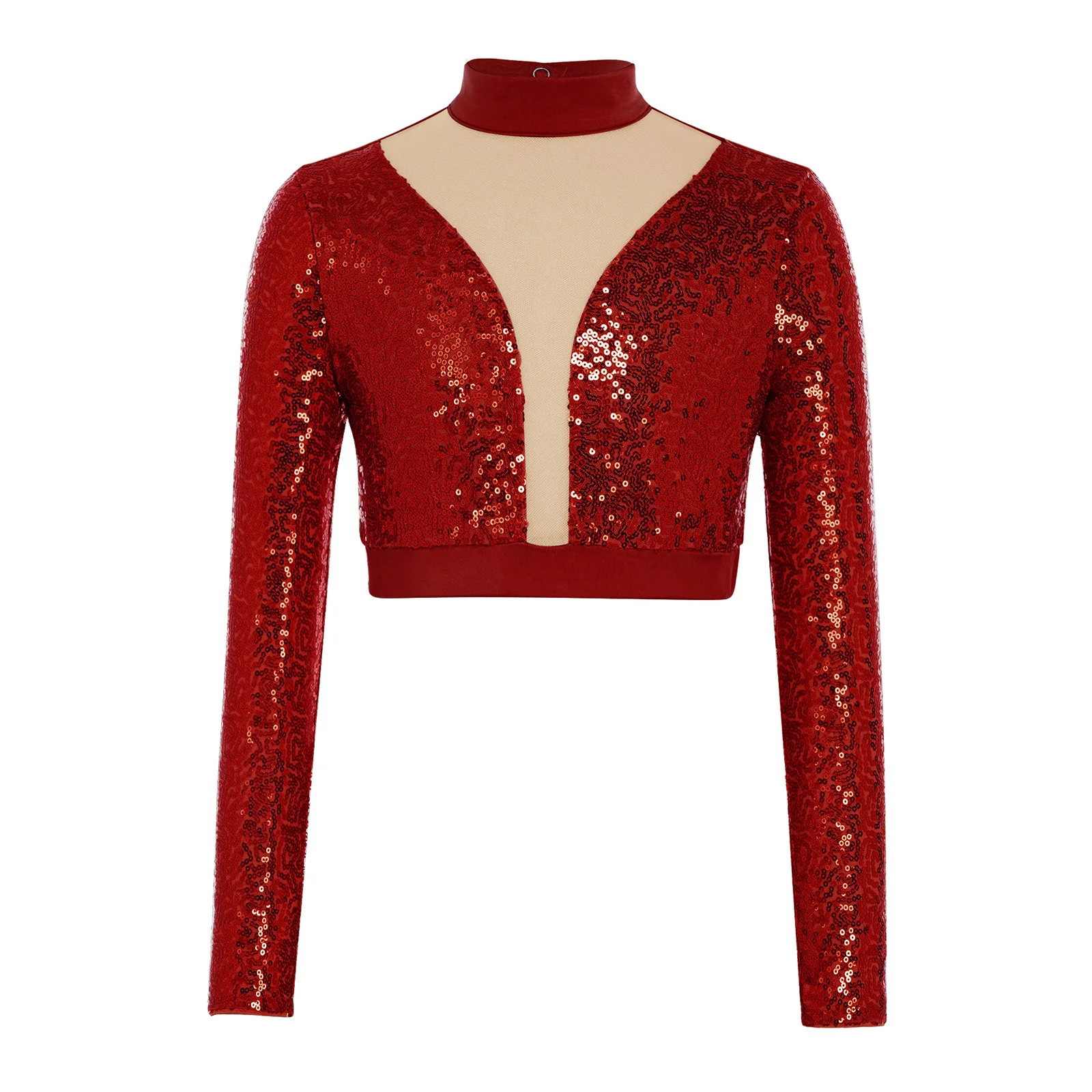 

Детский костюм для балета и танца живота для девочек: топ с высоким воротом, длинными рукавами, сетчатыми вставками, вырезами на спине, блестящими пайетками, укороченный, для лирических танцев