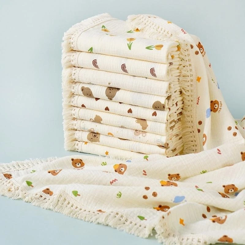 J15U 110x110cm babydeken katoenen doeken wrap zacht en ademend kinderwagens cover schattig bedrukt levering deken met franje