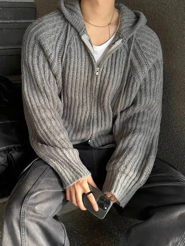 

Зимний нишевый дизайн 2025, мужской кардиган на молнии, однотонные вязаные топы с капюшоном, свободные мужские свитера на шнурке