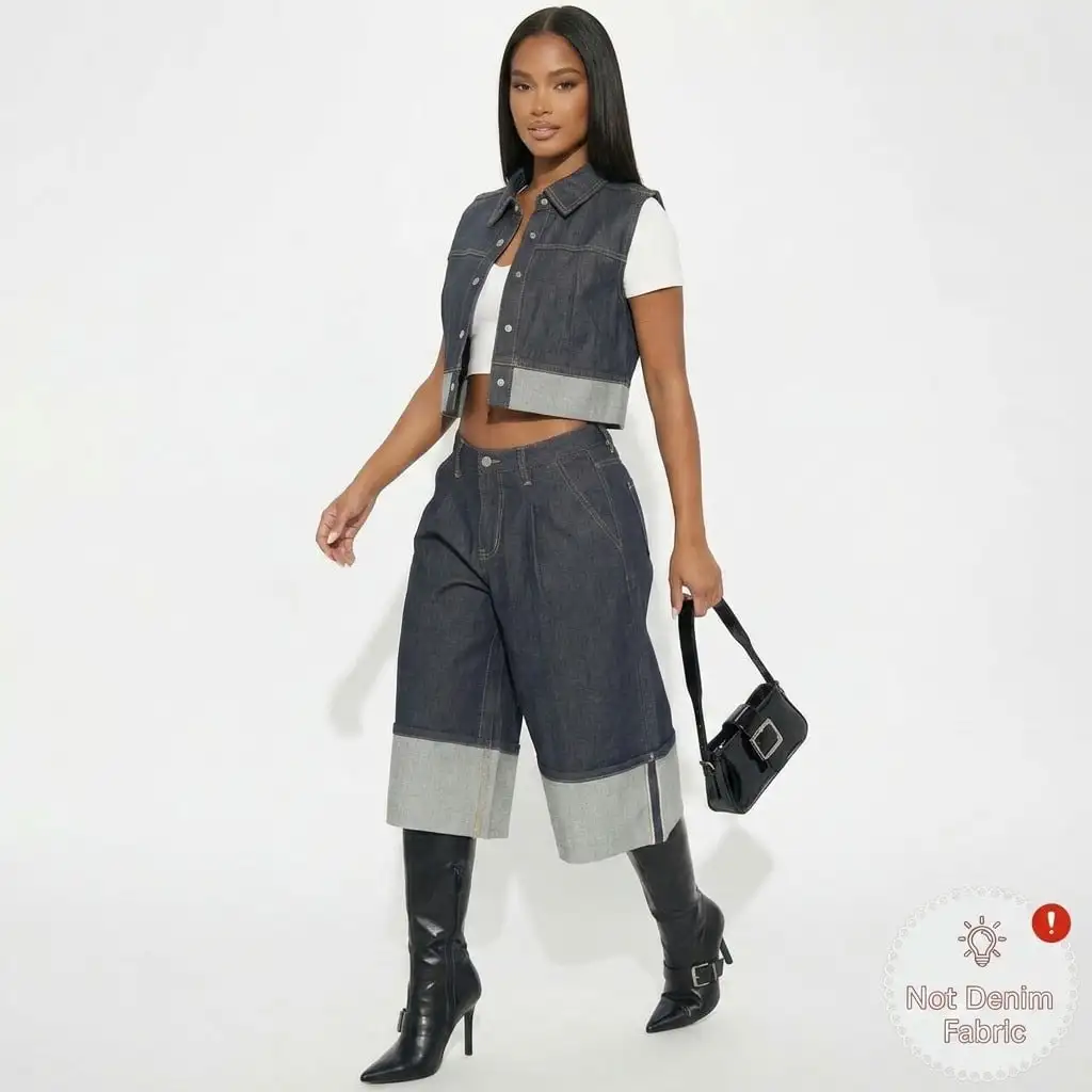 Women Fashion 2 Piece Outfit Sleeveless Lapel Patchwork Cropped Vest & High Waist Patchwork Wide Leg Capri Pants Set Streetwear Casual Matching Suit - view 4