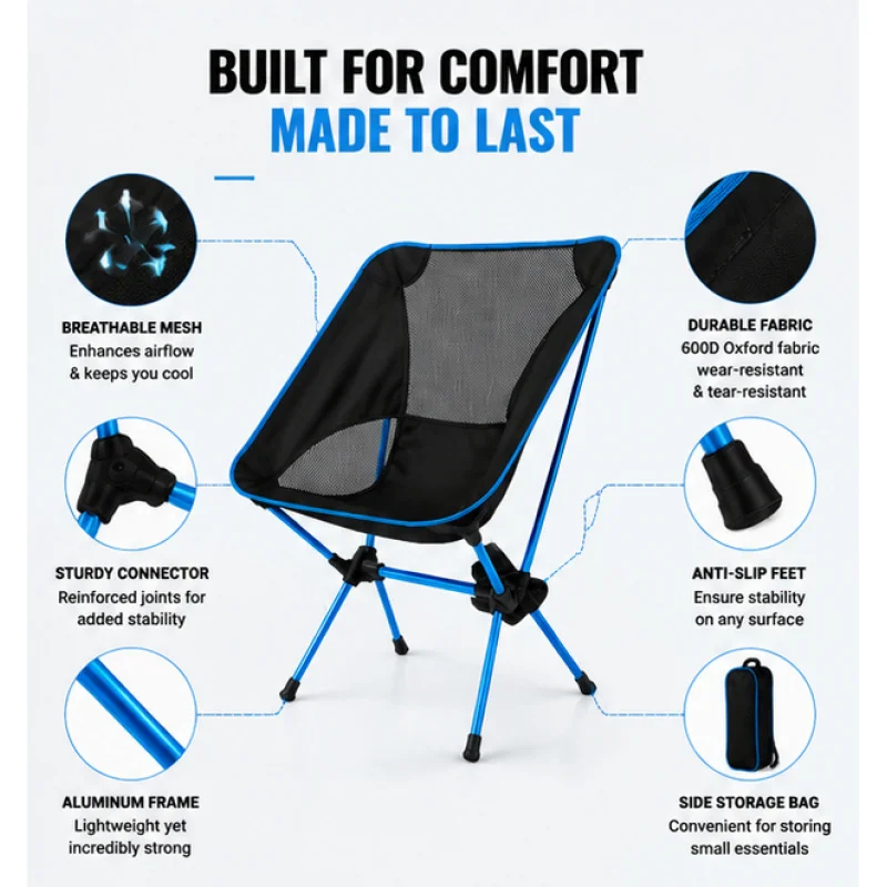 Portable Detachable Foldable Camping Chair, Ultralight Frame & Extended Seat Design for Outdoor BBQ Fishing Trips - view 4