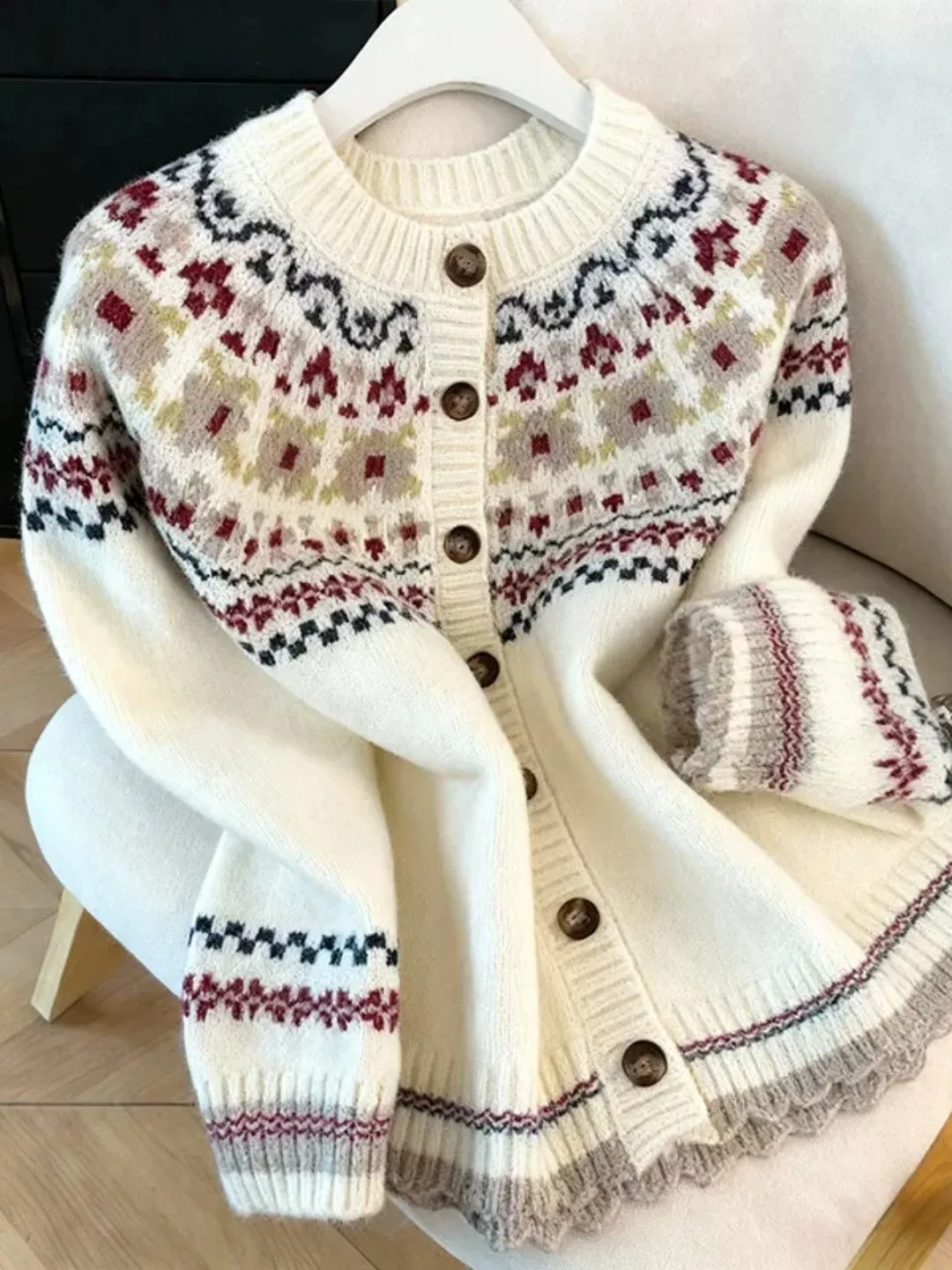Feilao Island Knitted Sweater Spring Autumn New Style Beige Open Cardigan Women's Loose Top Casual Style Regular Fit Knitted ...