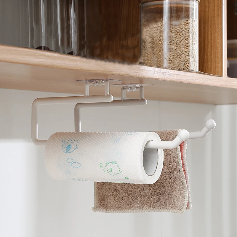 

No-Drill Under Cabinet Paper Towel Holder with Towel Hook,Self-Adhesive Plastic Paper Roll Rack,Kitchen Tissue & Cloth Organizer
