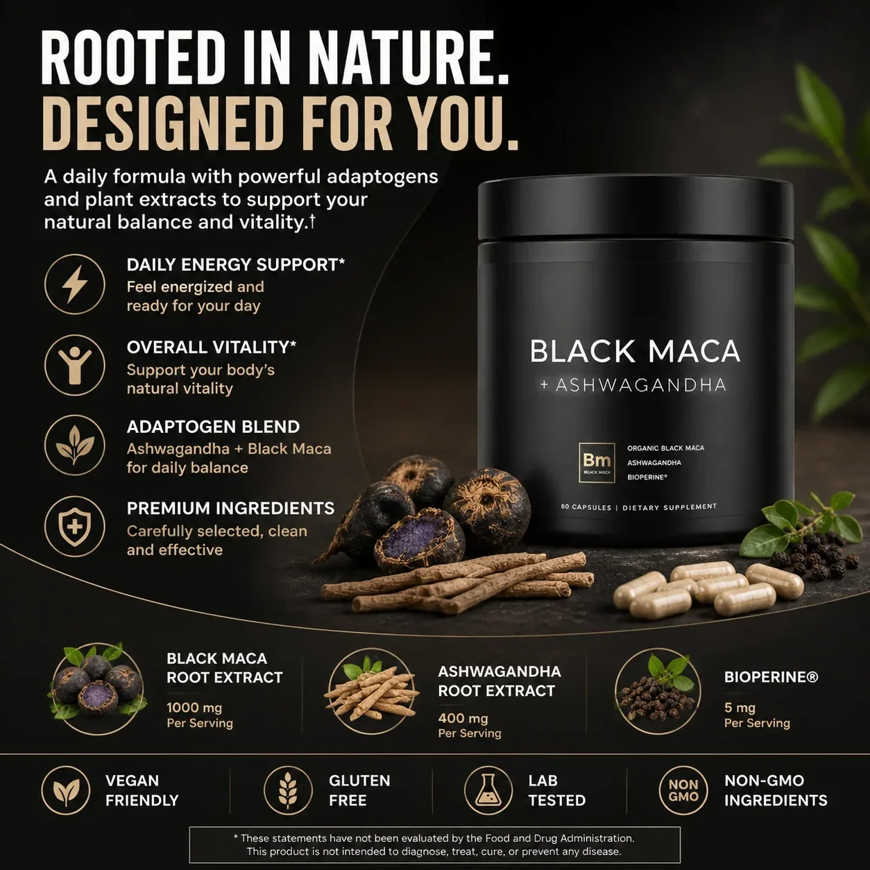 Black Maca Root Capsules,Daily Energy & Men's Vitality with Ashwagandha Root Extract BioPerine Black Pepper 40:1 Extract 60 Ct