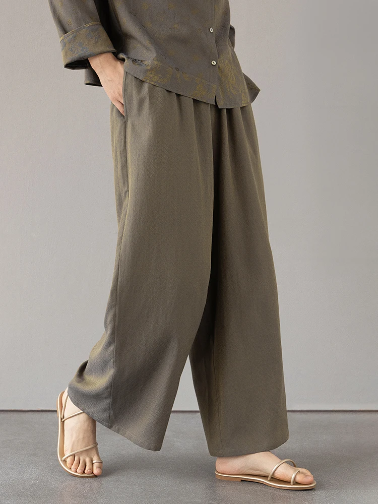 

Новые летние тонкие брюки из шелкового хлопка с эластичным поясом, прямые, фиолетово-золотистого цвета, повседневные, для офиса и отдыха