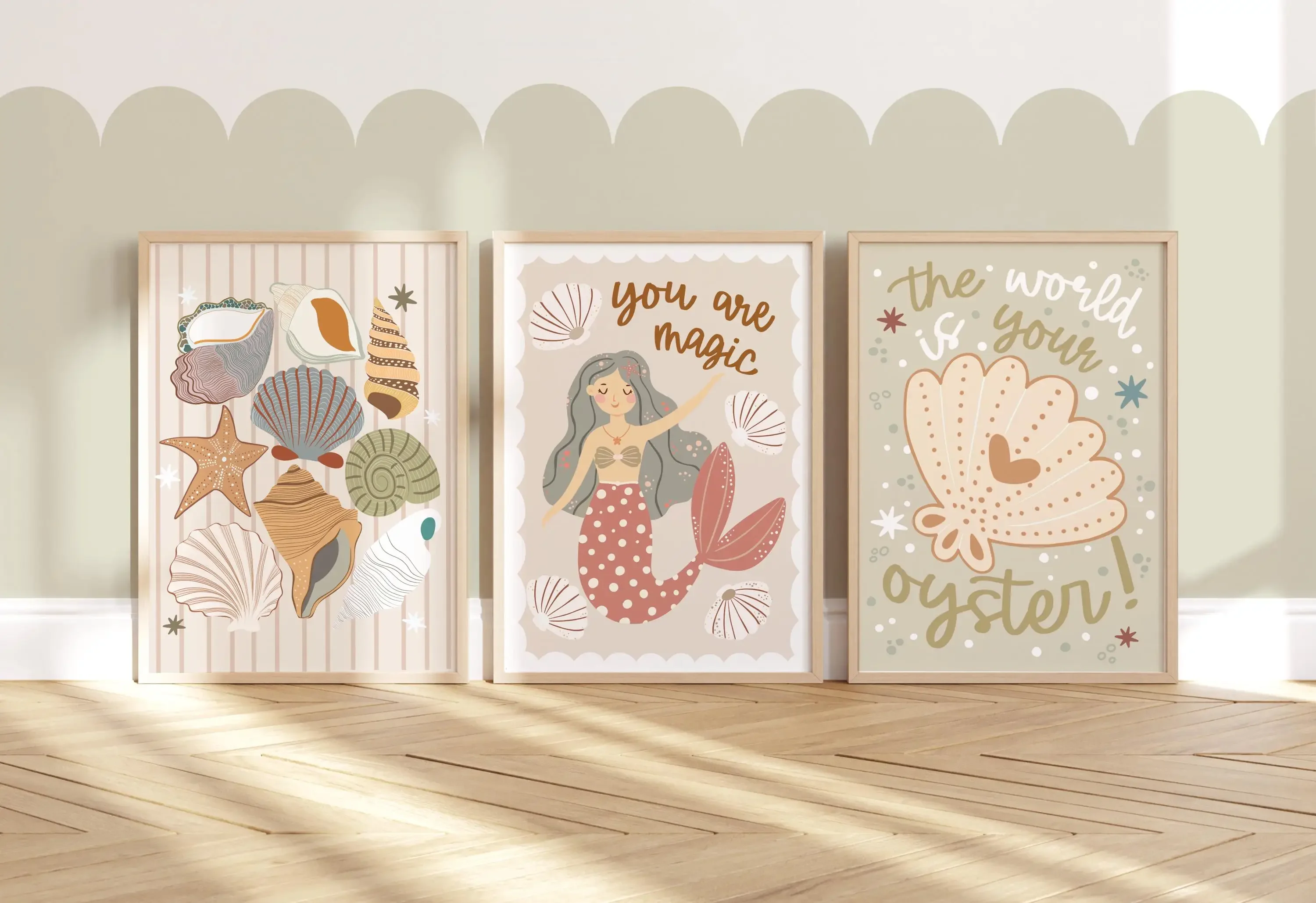 3pcs frameless Canvas Painting Set of 3 Unframed Sea Shells and Mermaids, Neutral Nursery Prints, Ocean Prints, Oyster Print,Sea