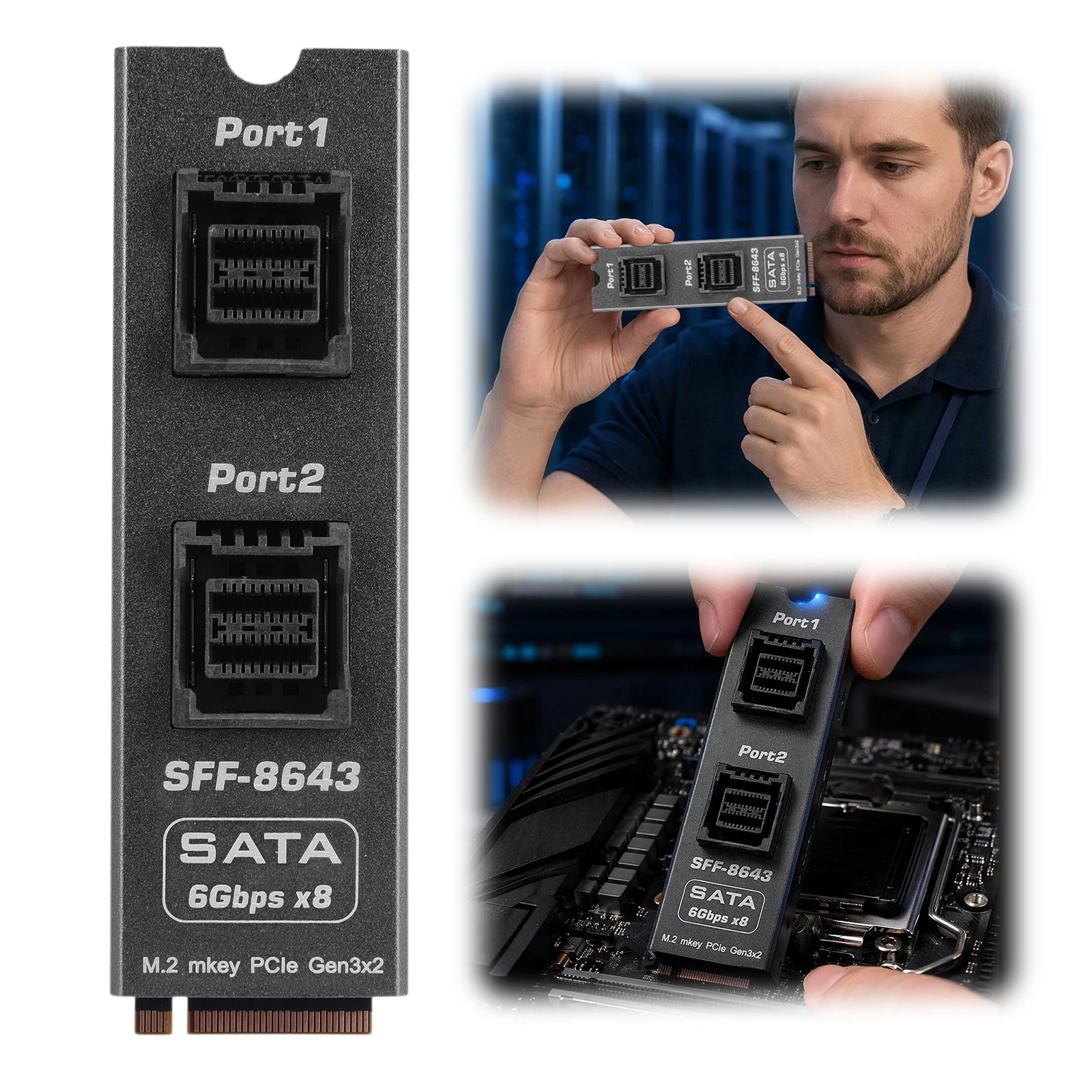 M.2 M-Key to 2xSFF-8643 SATA 6Gbps 8-Drive HDD Expansion Controller Card Aluminum Alloy PCB Adapter for Server NAS