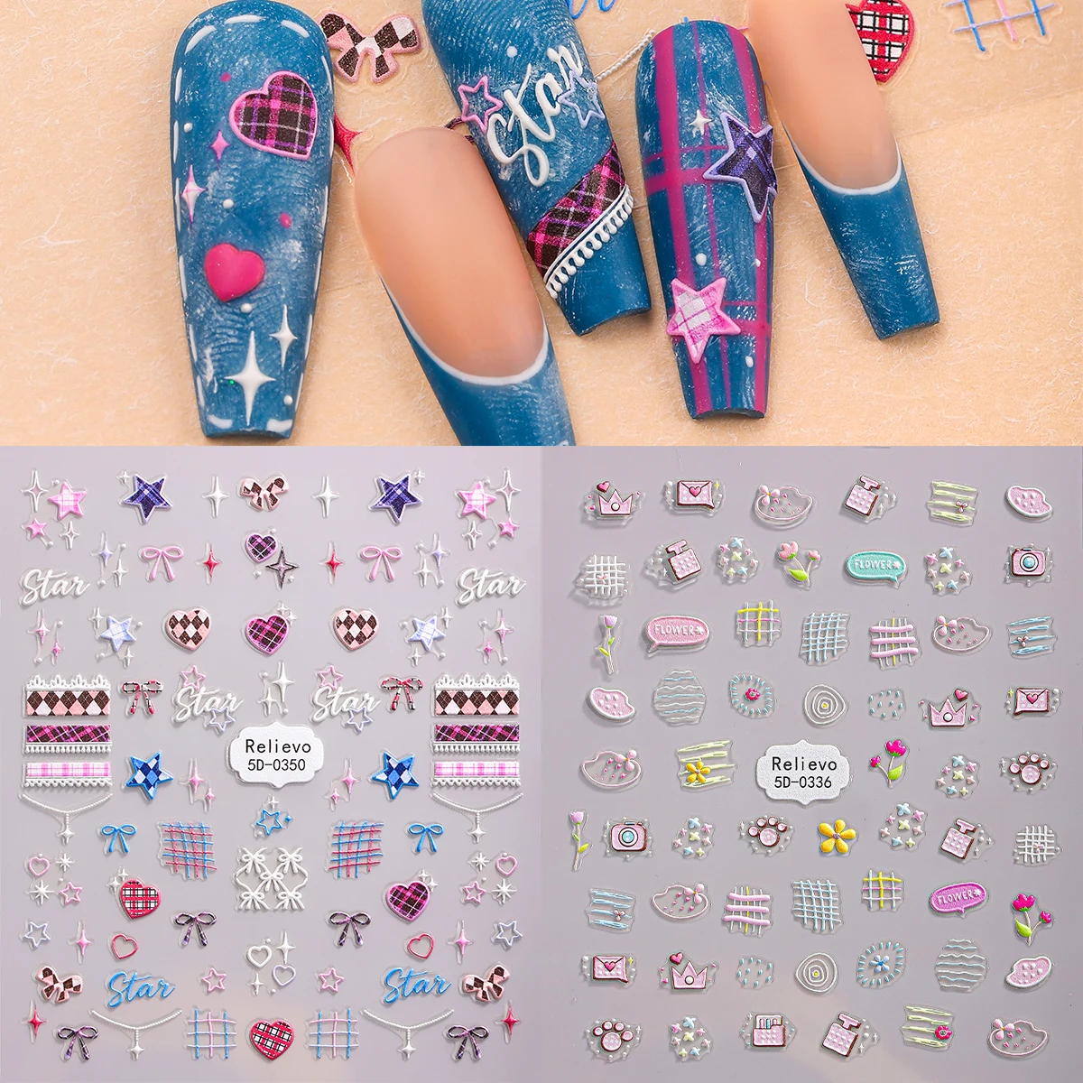 

2pcs 5D Relief Kawaii Nail Art Sticker Sweet Cool Heart Star Self-Adhesive Nail Decals for Nail Slider DIY Manicure Decoration