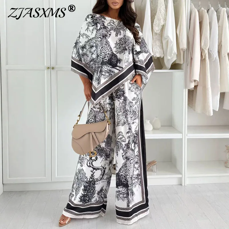 Sommer Damen 2-teiliges Outfit Vintage-Print Fledermausärmel-Bluse + Weite Hose Set Eleganter Lässiger Lockerer Satin Boho Urlaubsanzug
