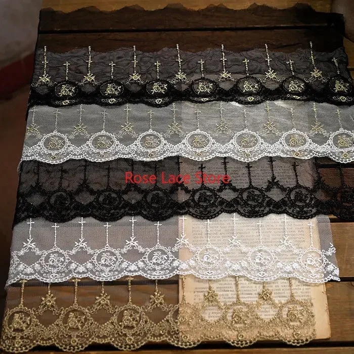3 yards flower gold thread embroidery Lace Trim, floral white black tulle lace trim, For Doll Dress,Bridal Hairband Width 5.9‘’
