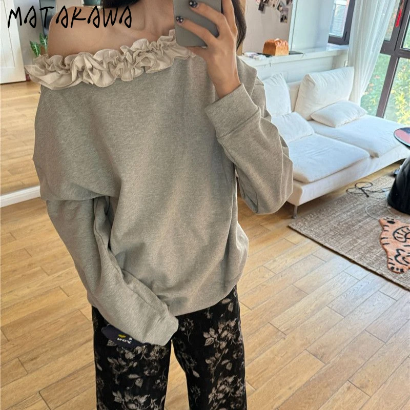 

Matakawa 3D Flowers Y2k Women Hoodies Skew Collar Grey Spring Autumn Sweatshirts Loose Patchwork Sweet Elegant Sudaderas Mujer