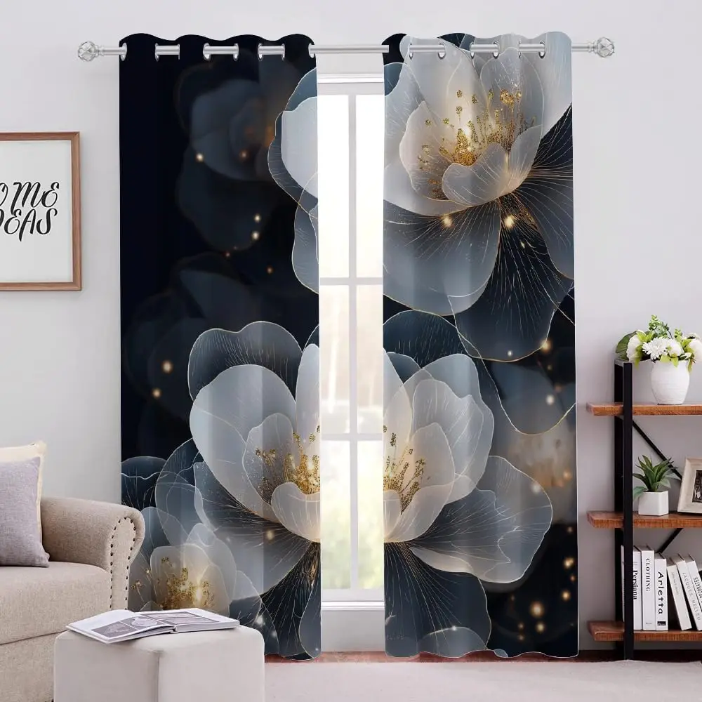 Transparent White Golden Glow Flower Blackout Curtains Luxury Dark Background Thermal Window Drapes