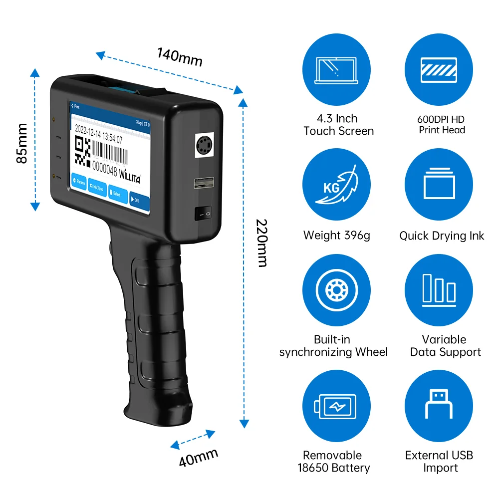 Willita L1 New Handheld Inkjet Printer Gun 12.7mm with Fast-Drying Ink for Text QR Barcode Batch Number Logo Date Label Printers