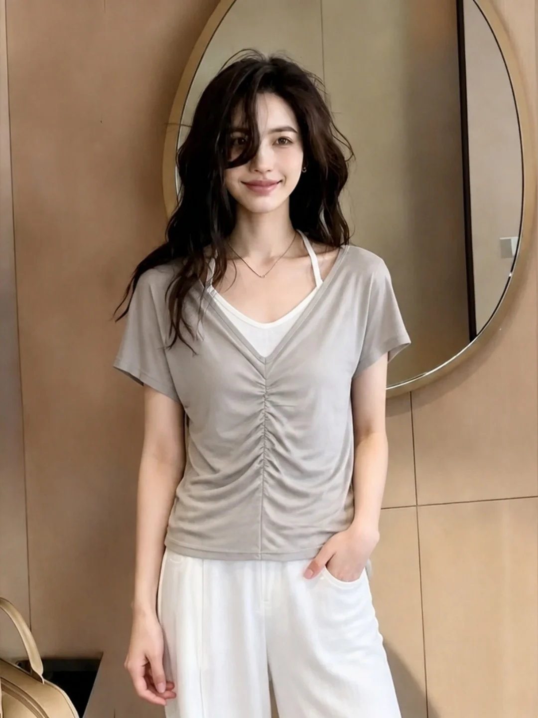 

Fashionable Color Block Short Sleeve T-Shirt Commute Slimming Design False Two-Piece Top Unique Stylish Korean Style Silk Blend