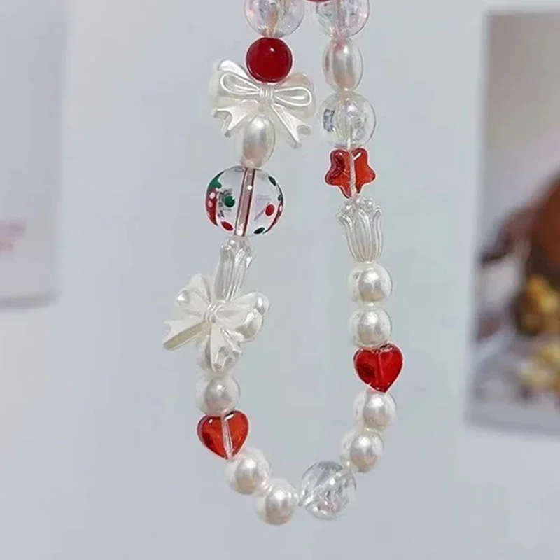Coreano bonito vermelho cereja arco pérola telefone corrente cordão charme cinta de pulso cordão pendurado pulseira chaveiro para telefone celular