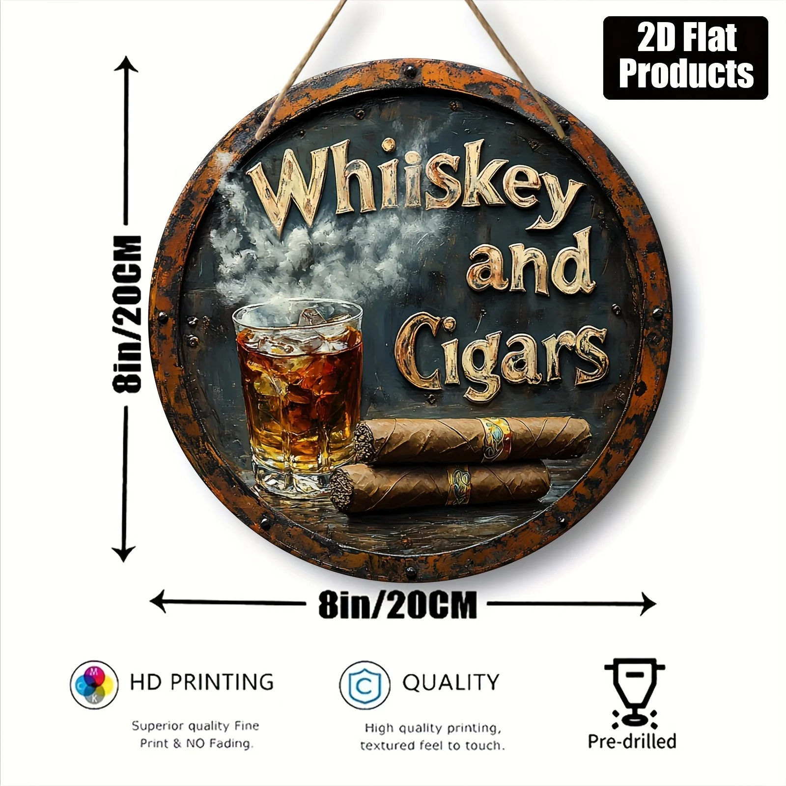 2D Flat, 1pc, Round Wood Board Decorative Painting Sign, Whiskey And Cigar Theme, Suitable for Bar Kitchen Cafe Family Room Livi