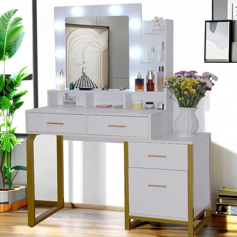 Table de Maquillage Blanche avec Miroir et Lumières, Commode 8 LED, 4 Broches de Rangement