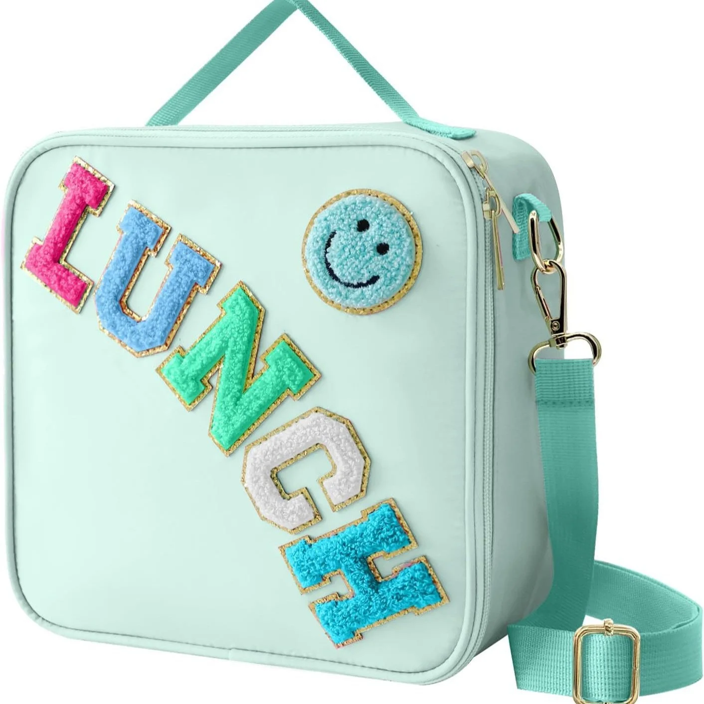 Smiley face embroidered insulated lunch bag, crossbody and hand-carry dual-use student lunch storage bag, large capacity waterpr