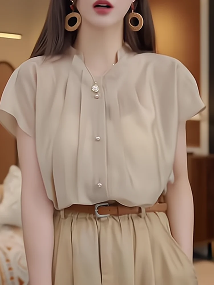 

Summer Short Sleeve Shirt Women's Elegant Beautiful Design Top Trendy Korean Style Loose Fit Casual Wear Single Button Closure