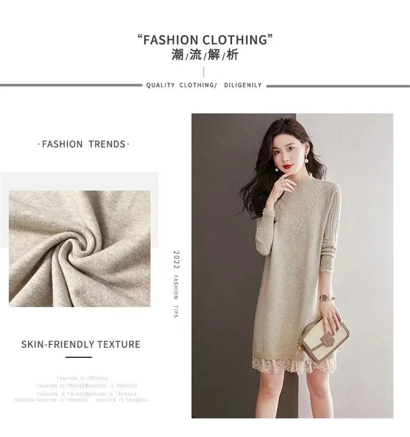 Abiti da donna Abito lavorato a maglia Autunno e inverno da donna Maglione a maniche lunghe con collo semi-alto Abito al ginocchio ispessito
