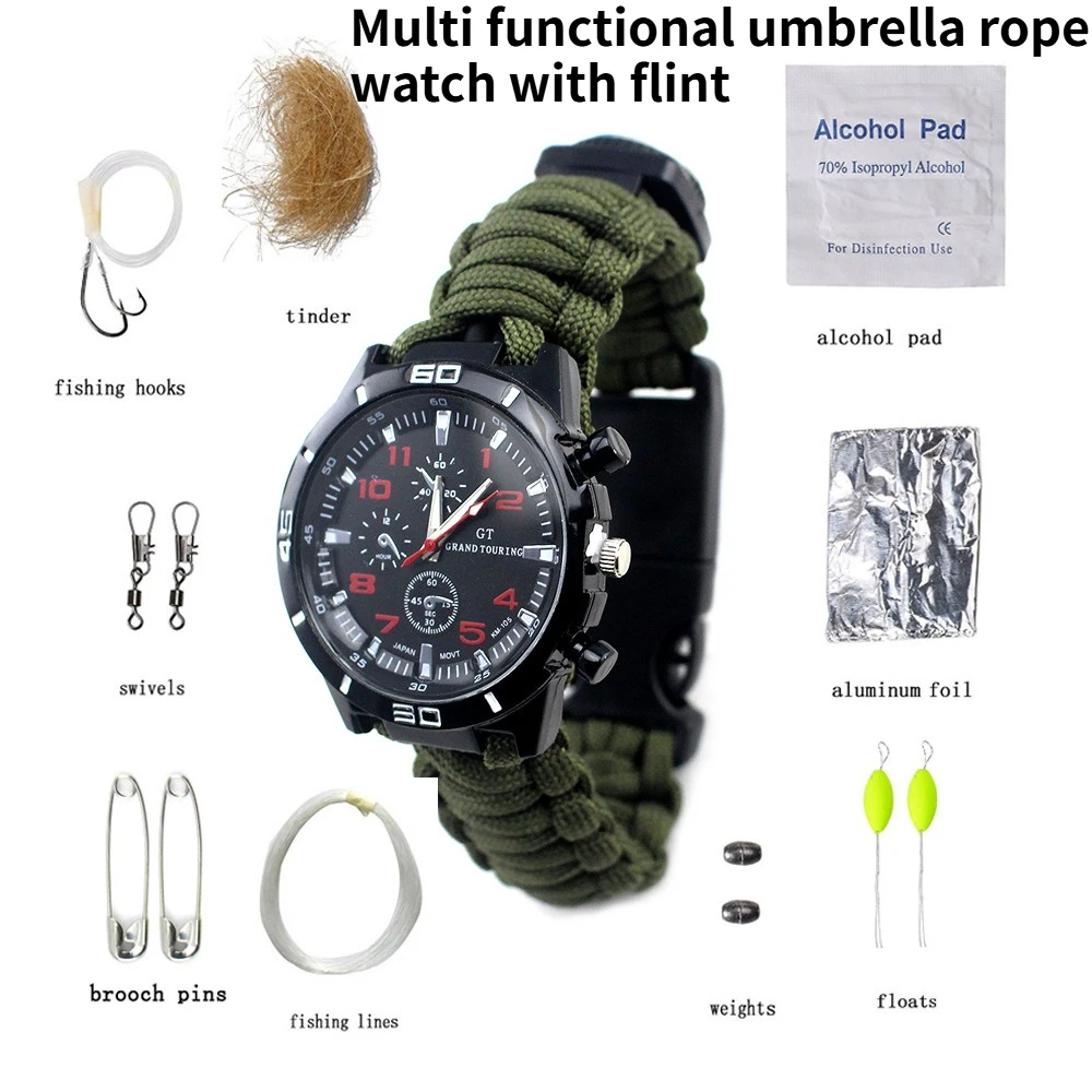 

Multi Functional Sports Toolkit Watch Camping Survival Magnesium Stick Compass Flint Umbrella Rope Woven Emergency Strap