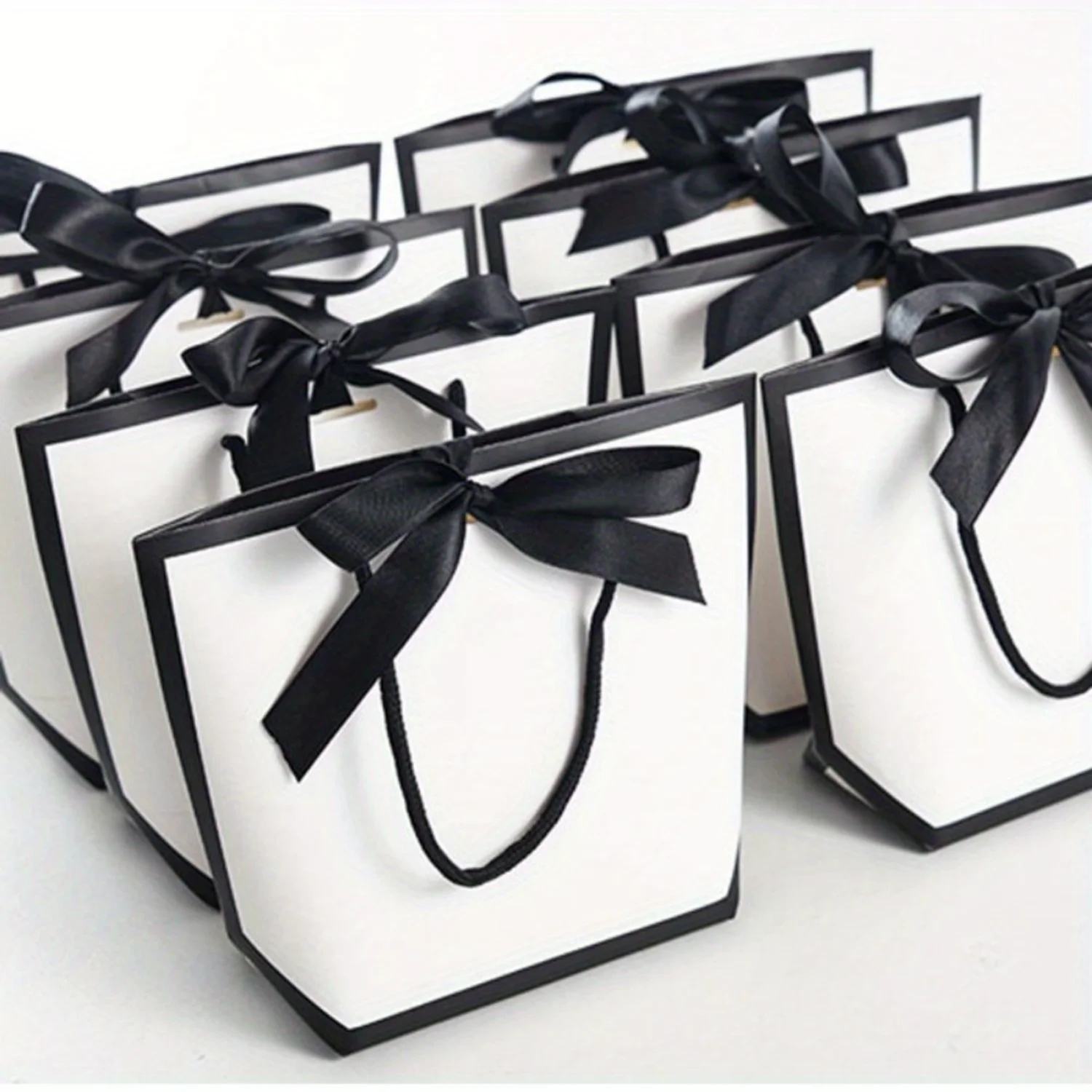 10 Pcs Elegant White Paper Gift Bags with Black Border and Bow Ribbon - Perfect for Shopping, Parties, and Special Occasions