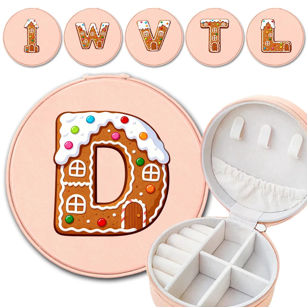 

Women Multi-functional Jewelry Storage Box Circular Storage Bag PU Dustproof Earring Case Christmas Gifts Gingerbread Pattern