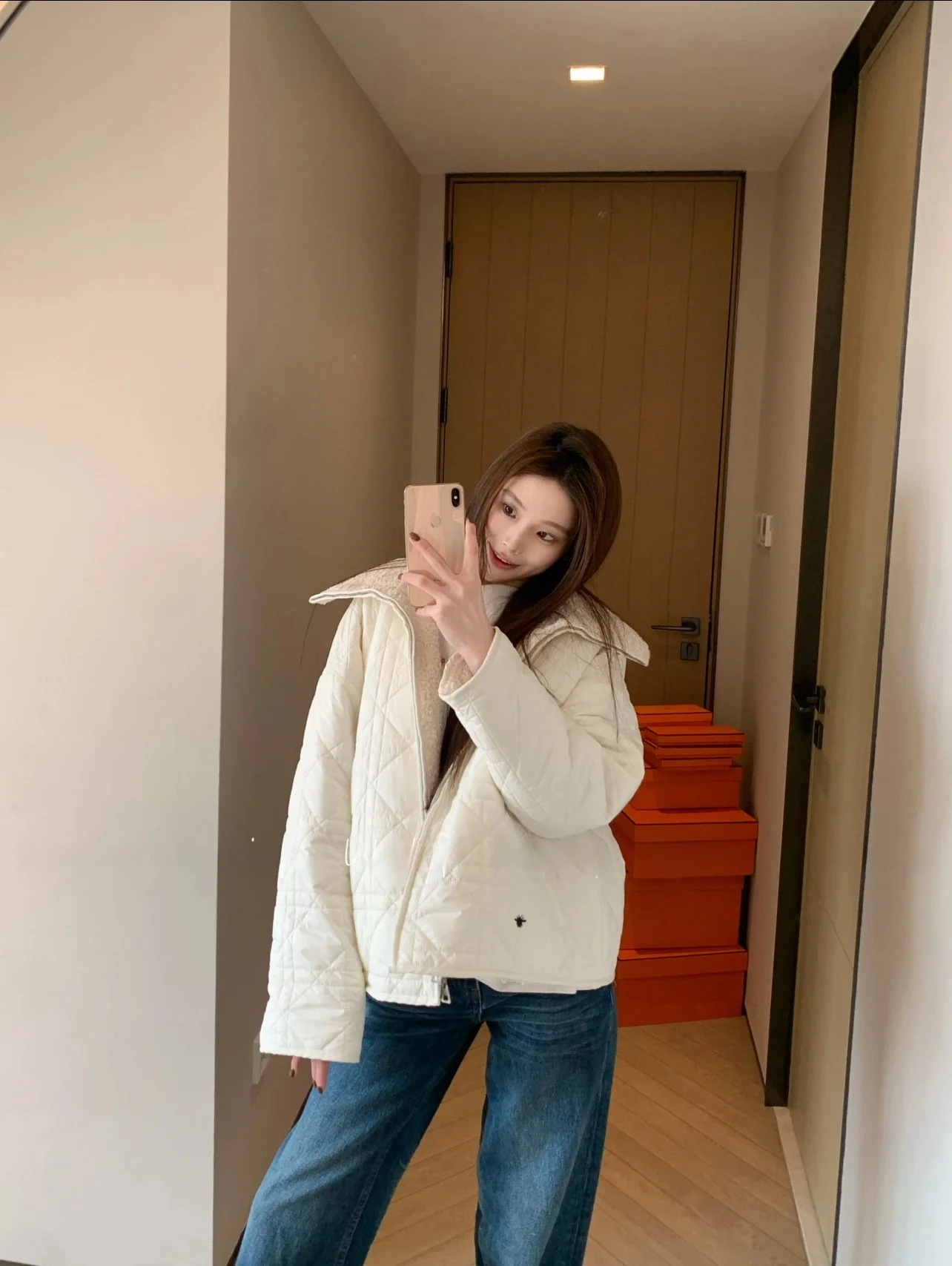 

Seoul Style Women's Double-Sided Wear Lamb Velvet Jacket with Embroidery Zipper Collar Long Sleeve Loose Fit Cotton Coat