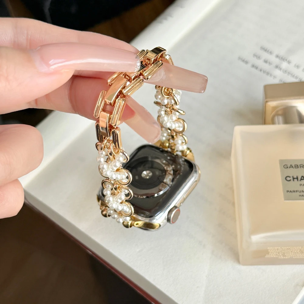 Correa de acero inoxidable para mujer para Apple Watch Ultra 2/1 49mm 10 9 8 7 42mm 46 44 45mm correa de perlas para IWatch 6 5 4 SE 38 40 41mm