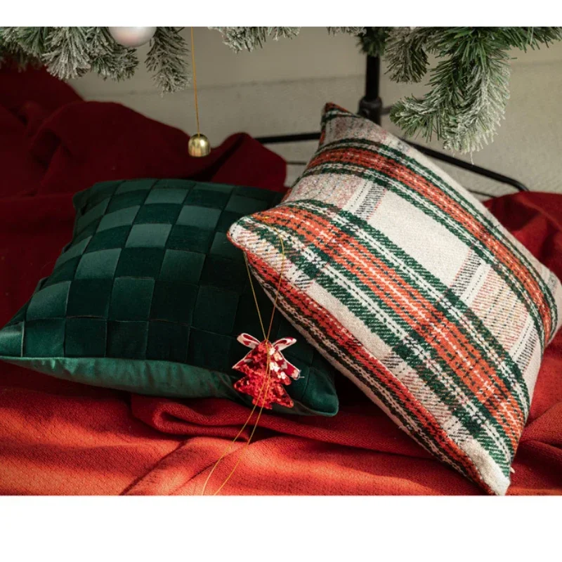 Light Luxury Christmas Woven Cushion Cover Red Green Striped Grid Woven Pillow Covers Decorative New Year Festival Home Decor