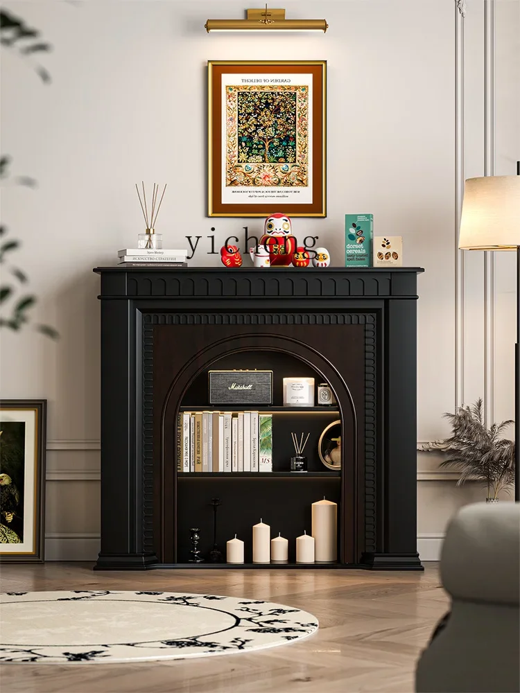 YY Solid Wood Black and White Fireplace Curio Cabinet American Retro European Carved Side Cabinet