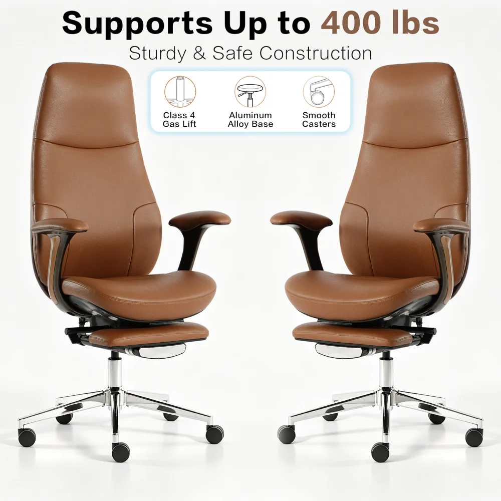 Genuine Full-Grain Leather Executive Office Chair with Retractable Footrest Breathable & Adjustable Recline Angle & Height FYOF