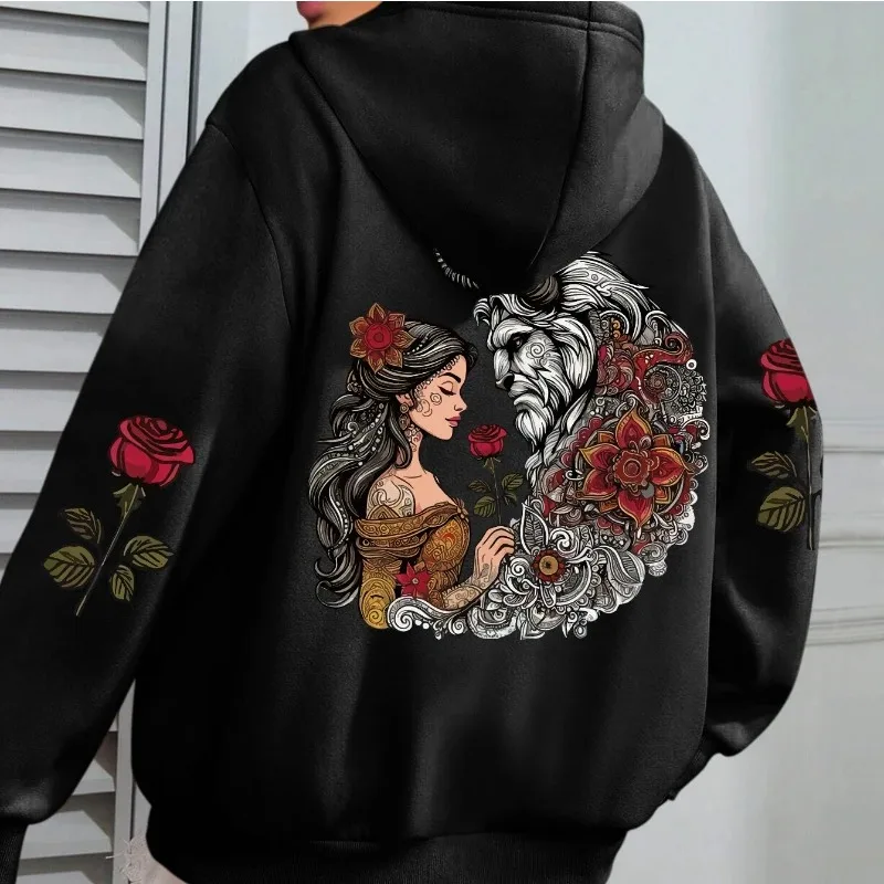 Sudadera con capucha informal de manga larga con capucha de La Bella y La Bestia de Disney de talla grande, adecuada para las estaciones de otoño e invierno, ropa de mujer