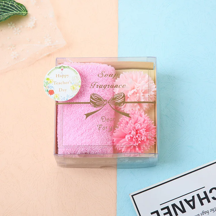 Coral Velvet Solid Color Towel Gift Box Carnation Flower Flower Scented Soap Flower Set Valentine's Day Anniversary Gift