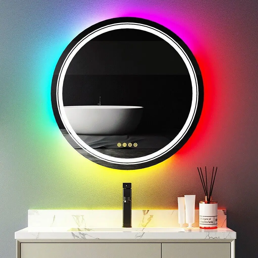 Round Bathroom Mirror with LED Light Dimmable Illuminated Wall Mirror with 8 RGB Backlit 3 Front Color Smart Anti-fog Memory