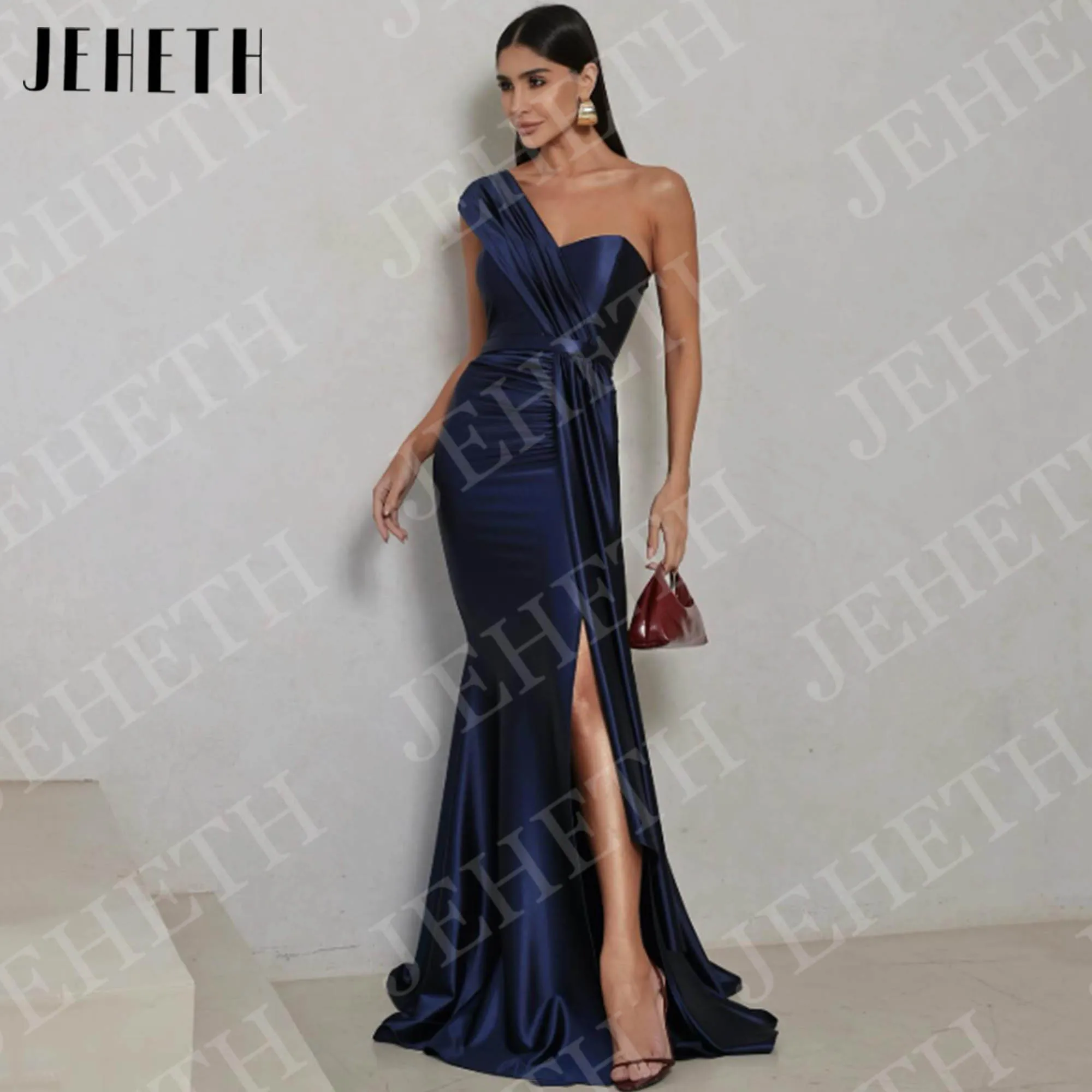

JEHETH Simple Elegant Mermaid Evening Dresses One Shoulder Navy Blue Satin High Slit Party Dress Customized vestidos de gala