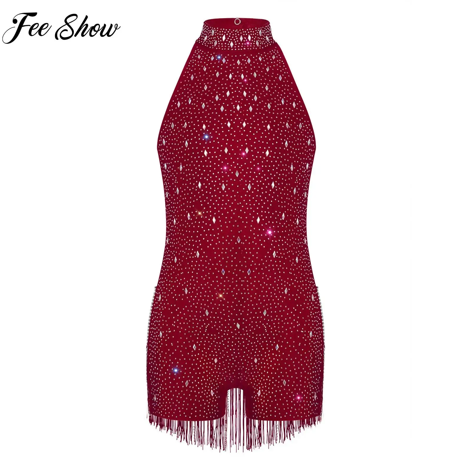 

Kid Girl Fringed Jazz Latin Dance Jumpsuit Halter Sleeveless Rhinestones Bodysuit for Skating Gymnastics Performance Competition