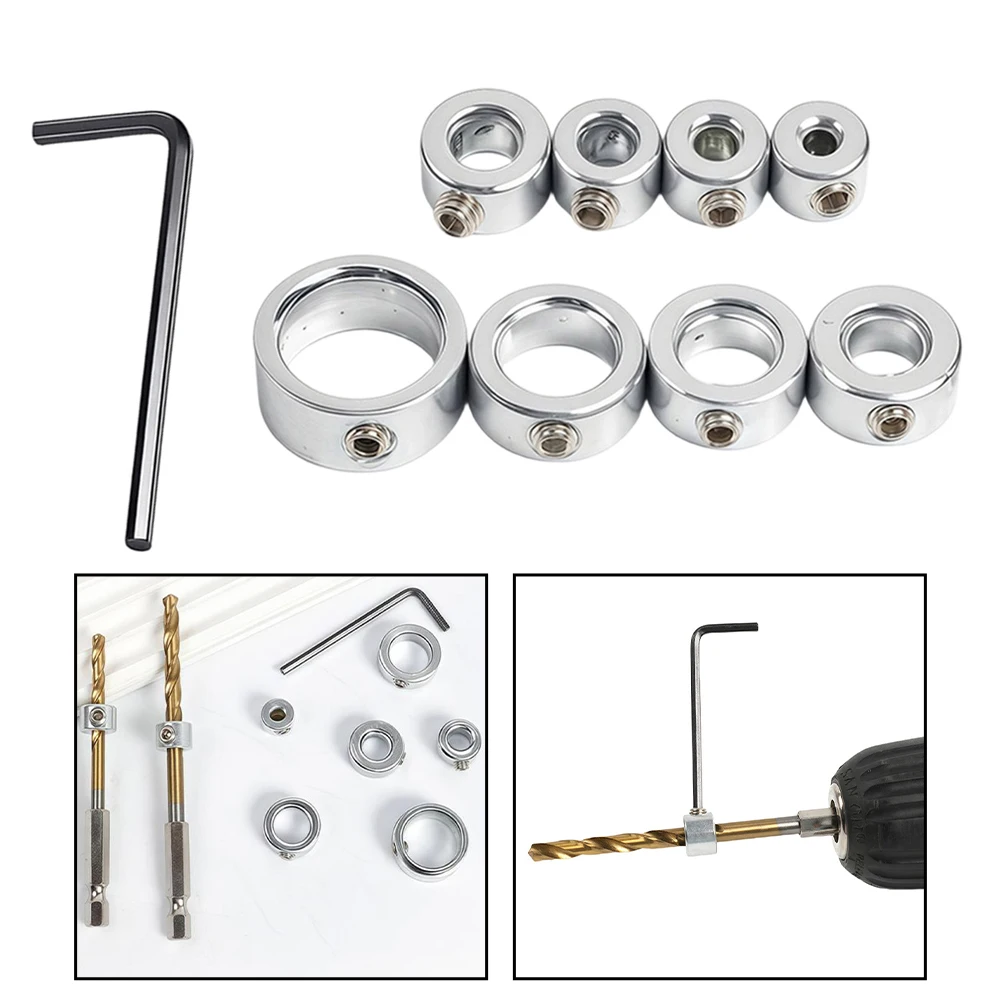 Stainless Steel For drill Bit Depth Stop Kit 8 Sizes with Hex Key for Reliable Depth Control in Woodworking and Fabrication