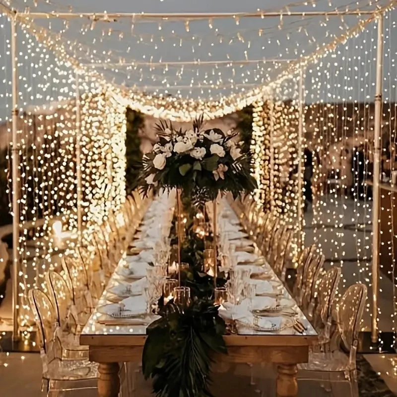 Guirnalda de luces solares para cortina, 8 modos de iluminación para decoración de Navidad al aire libre, Navidad, boda, fiesta, jardín, porche, Patio trasero, Patio, 2024, 1 unidad