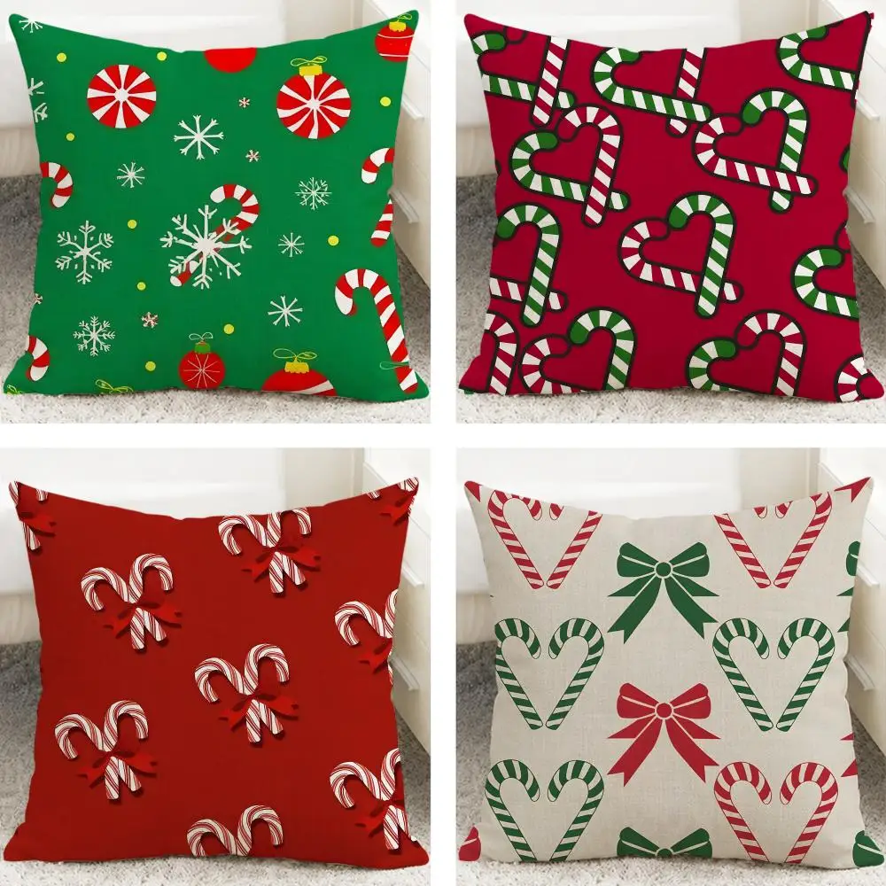 Cute Graphic Christmas Candy Cane Cushion Cover Cushion Covers Natural Linen Breathable Sofa Bedroom Decor Pillowcase