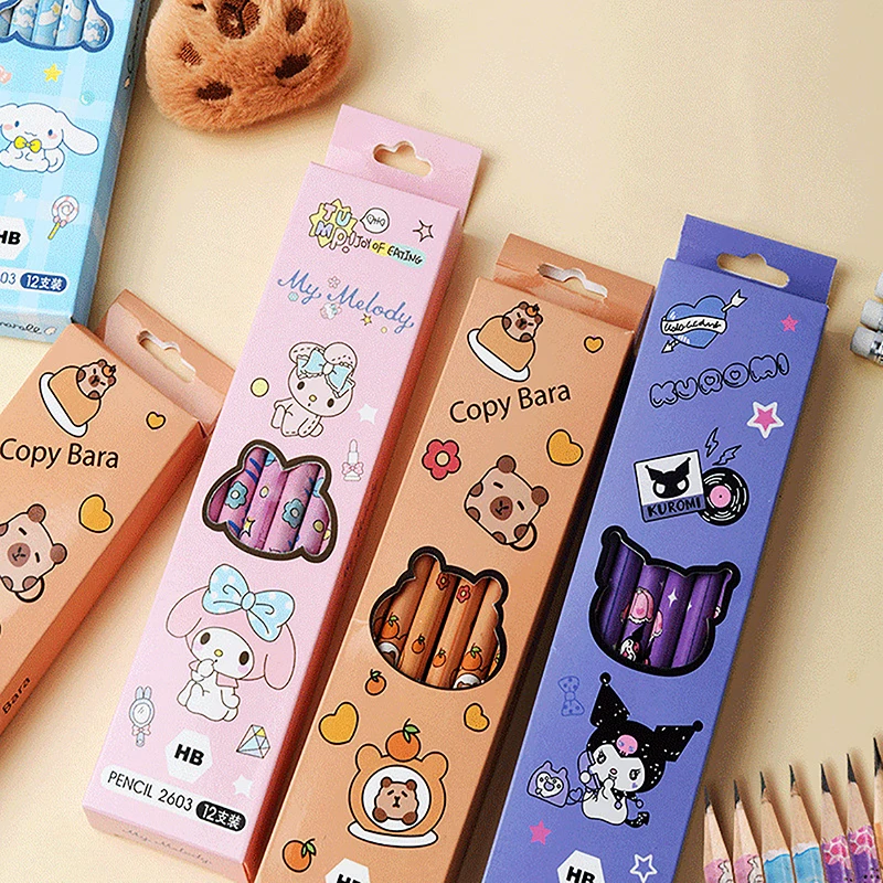 12PCS Cartoon Pencil Cute Kuromi Cinnamoroll My Melody Capybara Student Stationery School Supplies Student Prize Pencil