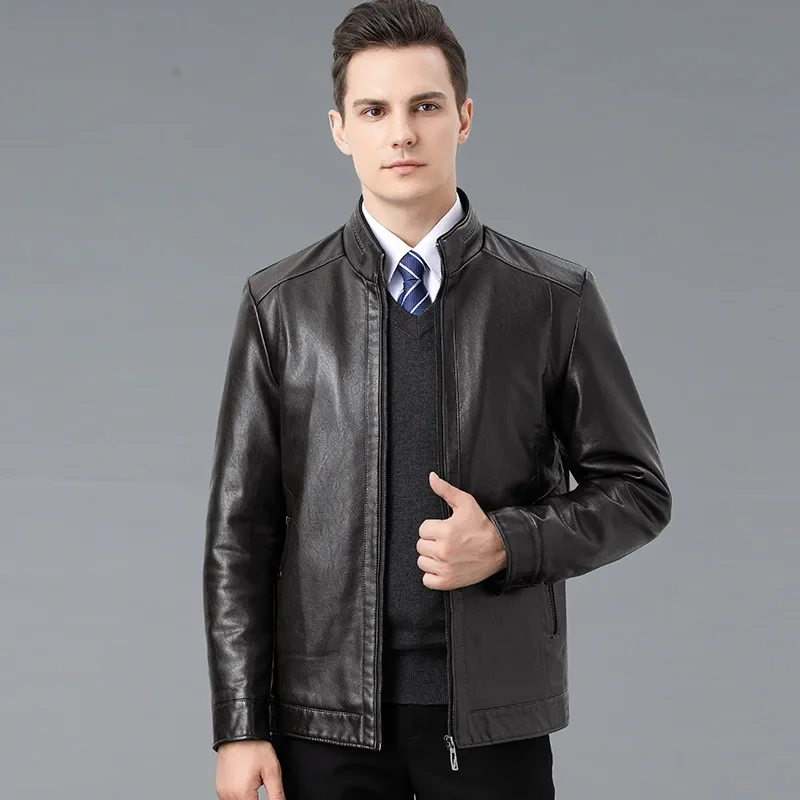 Piel de cuero de alta calidad para hombre, chaqueta de cuero con solapa informal de piel de oveja gruesa de lana, abrigo para papá, nueva ropa de invierno para hombre