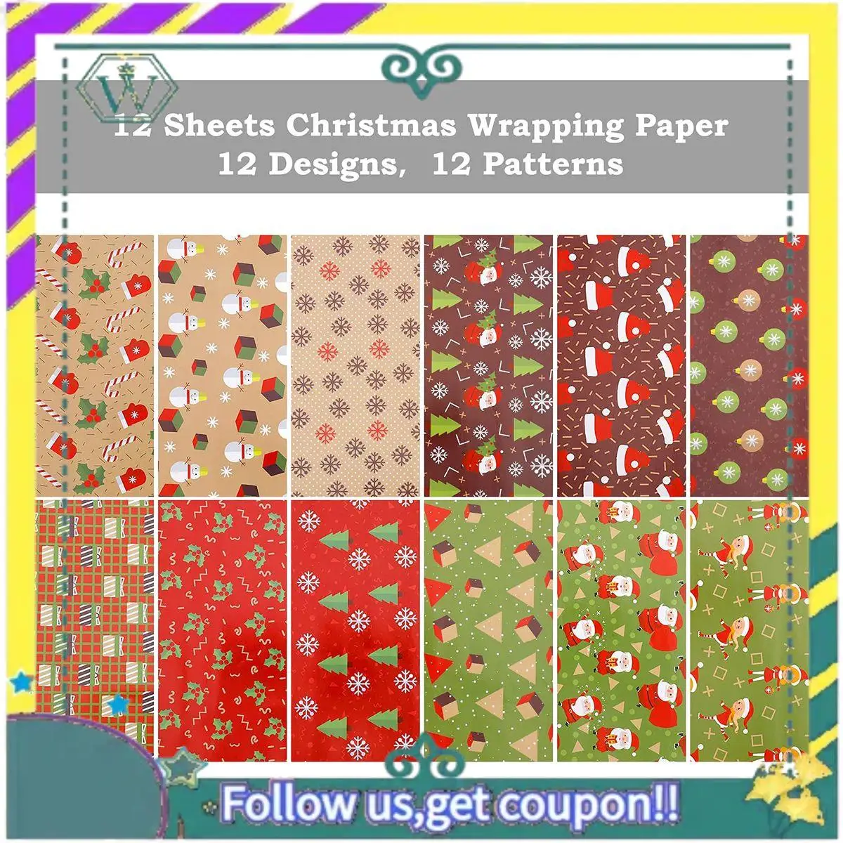 NEW 12 Pack Wrapping Paper Sheets,For Christmas Birthday Party Wrapping Paper Set Gift Wrap Papers