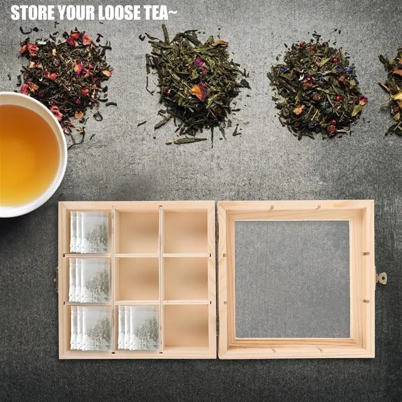 

Tea Bag Organizer Box For Tea Bags Creamer Solid Wood Retro Transparent Glass 12-compartment Storage Storage Bins Jewelry