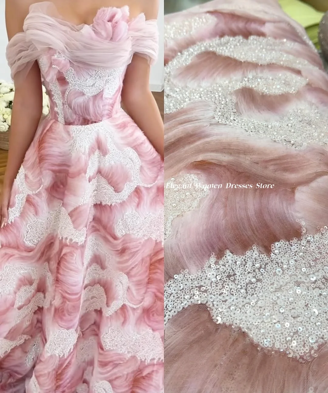 Evening Dress Pink Gradient 3D Ruffle Tulle Prom Gown Off Shoulder Floral Beaded Embroidery A Line Wedding Guest DressCustomized