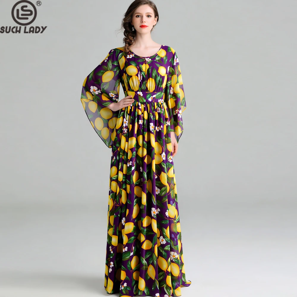 

Women's Purple Lemon Print Maxi Dress with O Neck Bell Sleeves Open Back Design Elegant Designer Holiday Vestidos