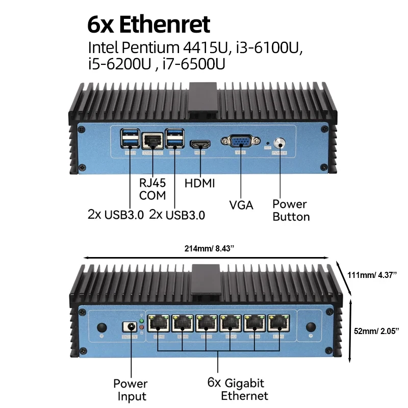 XCY Firewall Mini PC 8x Ethernet i211AT NIC Intel Celeron 3865U CPU Compatibile con Windows Ubuntu Pfsense Debian OpenWrt