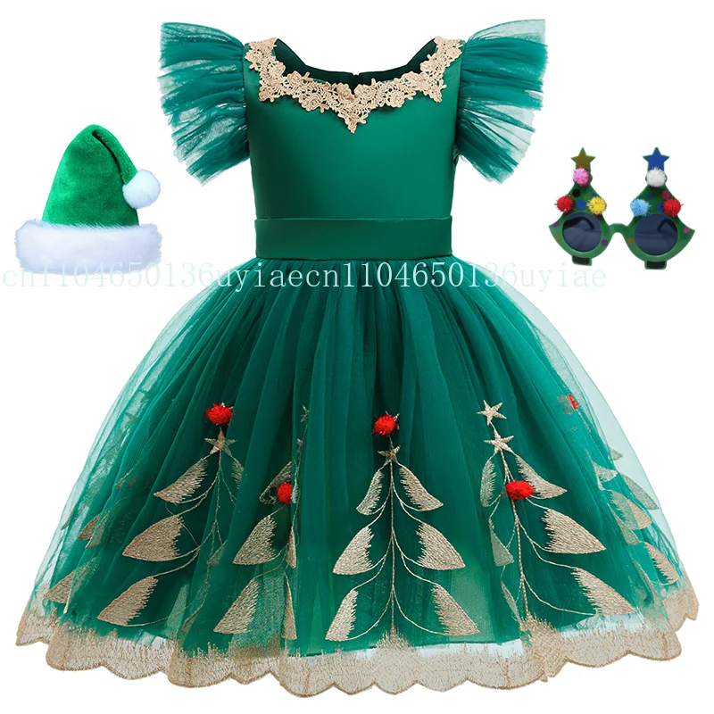 

Cute Girls Christmas Party Green Lace Princess Dresses Glasses Hat For Kids Prom Party Birthday Gala Xmas Evening Ball Gown