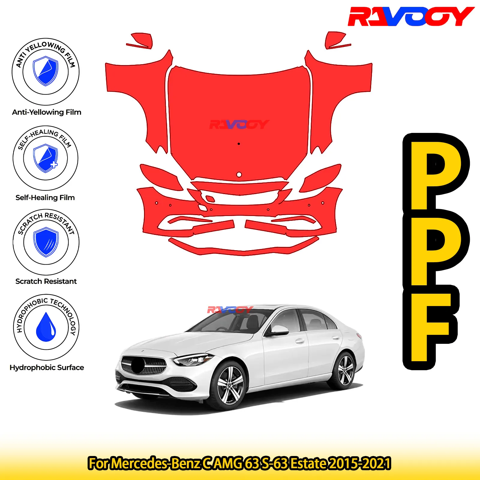 

For Mercedes-Benz C AMG 63 S-63 Estate 2015-2021 Glossy Matte Black Precut front PPF Kit Paint Protection Film